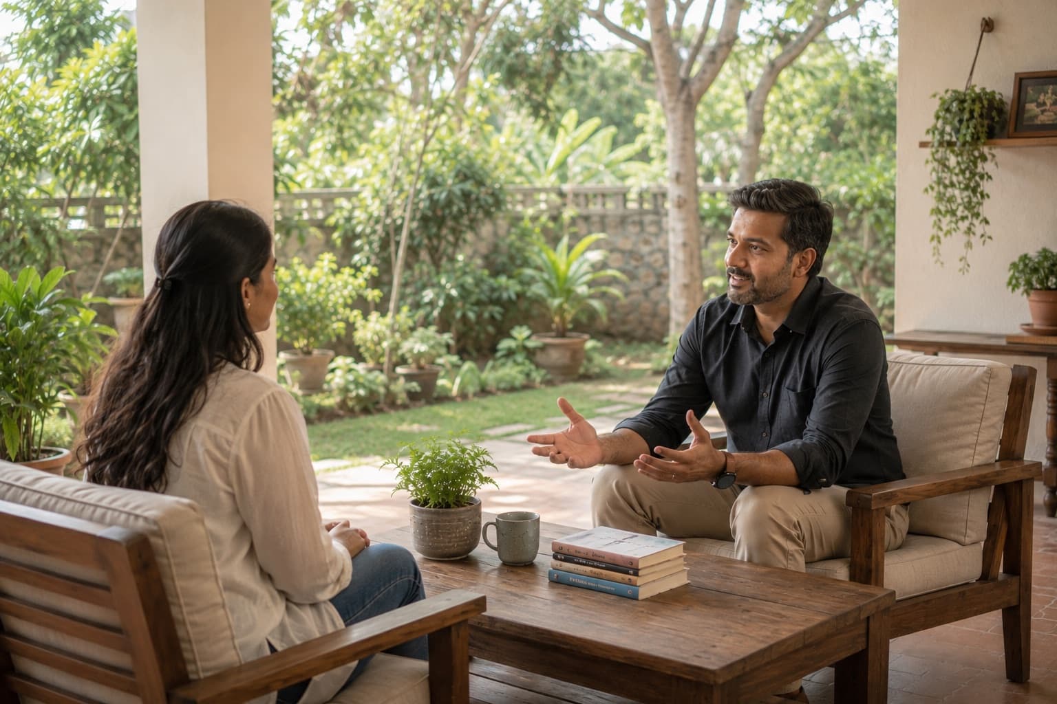 A homoeopath in conversation with a patient, seated across a low table