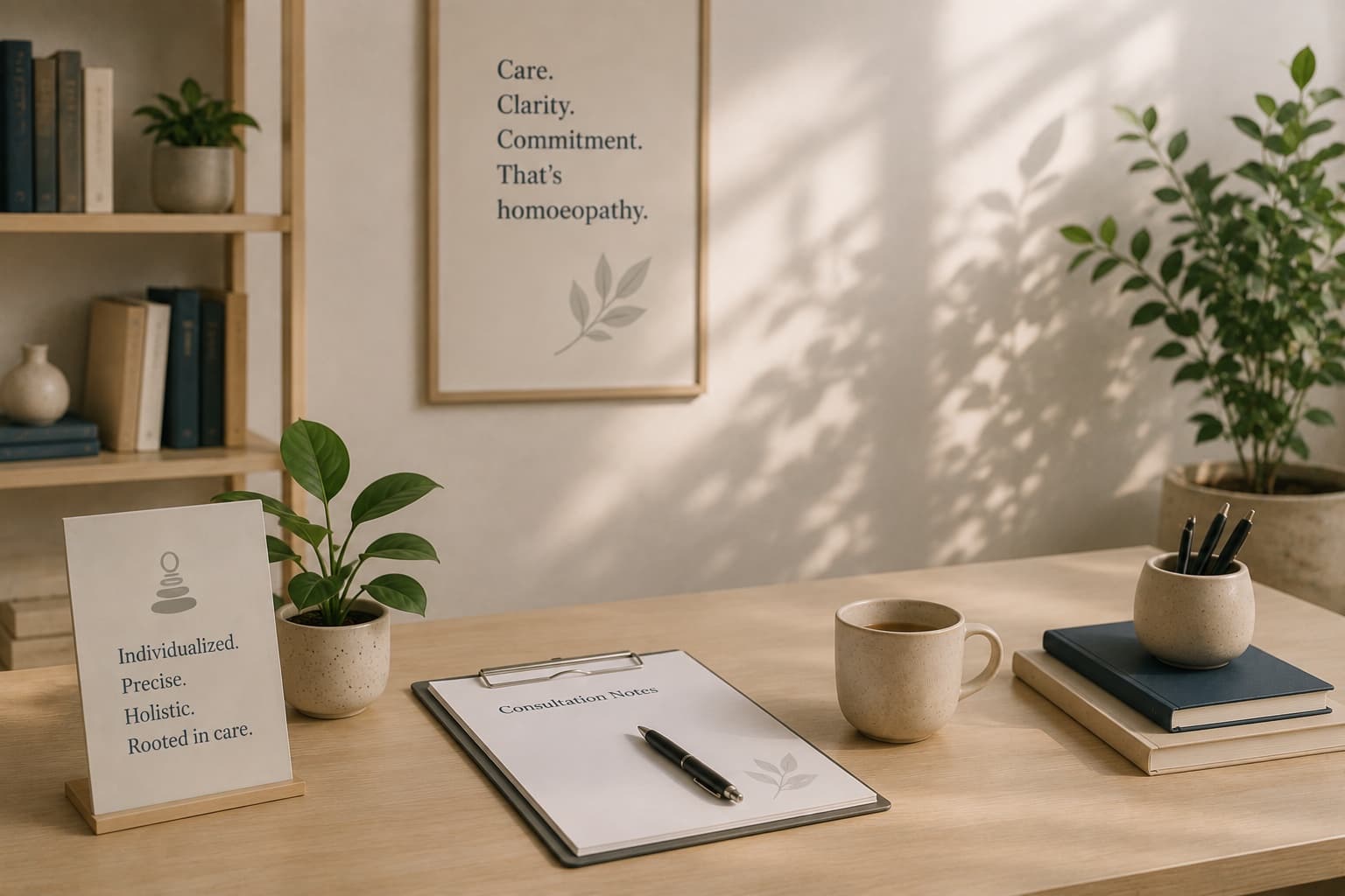 A calm consultation desk with notes and homoeopathic care principles
